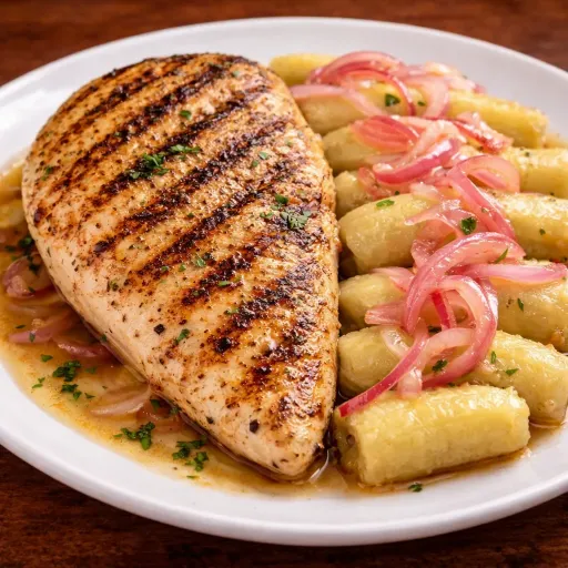 Pechuga a la Plancha con Guineos Encebollados