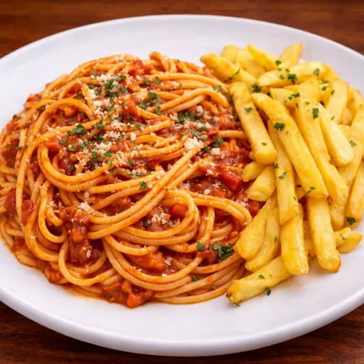 Espaguetis en salsa de tomate con Papas fritas
