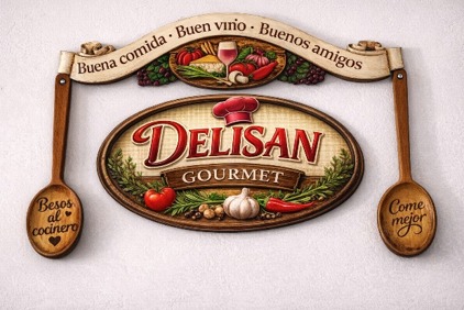 Letrero de D'ELISAN GOURMET: buena comida, buen vino, buenos amigos